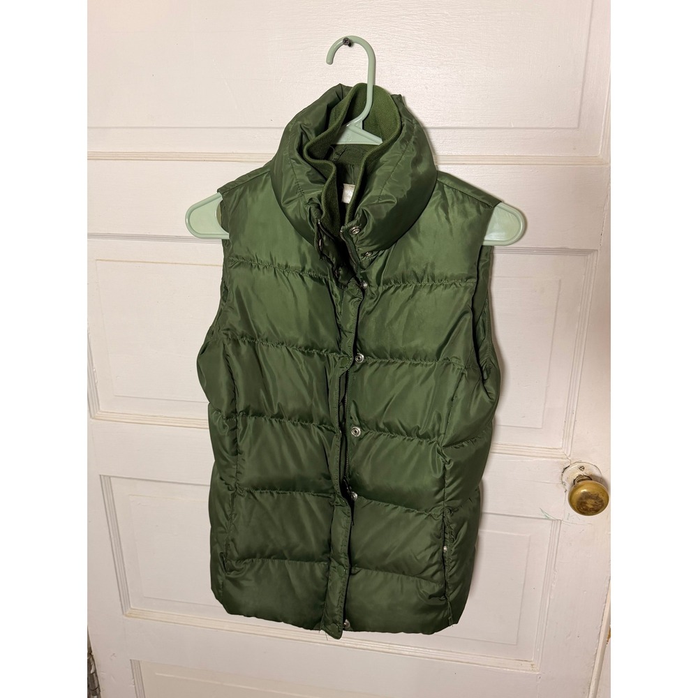 J.Crew Womens Down Puffer Vest Olive Green Quilted Full Zip Snap XS RN77388